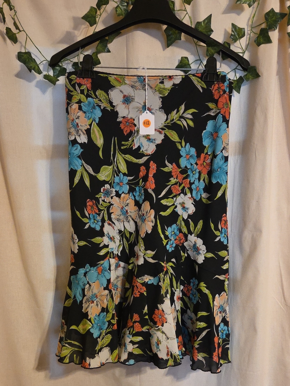 Black Floral Cropped Skirt with Blue & Coral Blooms